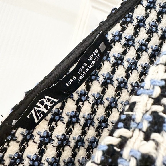 ZARA Tweed Button Front Pinafore Mini Dress Sleeveless Blue Black White Sz Small - Picture 9 of 10